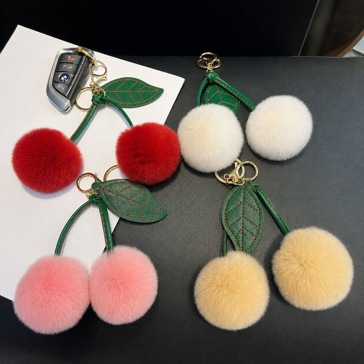 Rabbit Fur Cherry Keychain Cute Pom Pom Plush Bag Car Charm