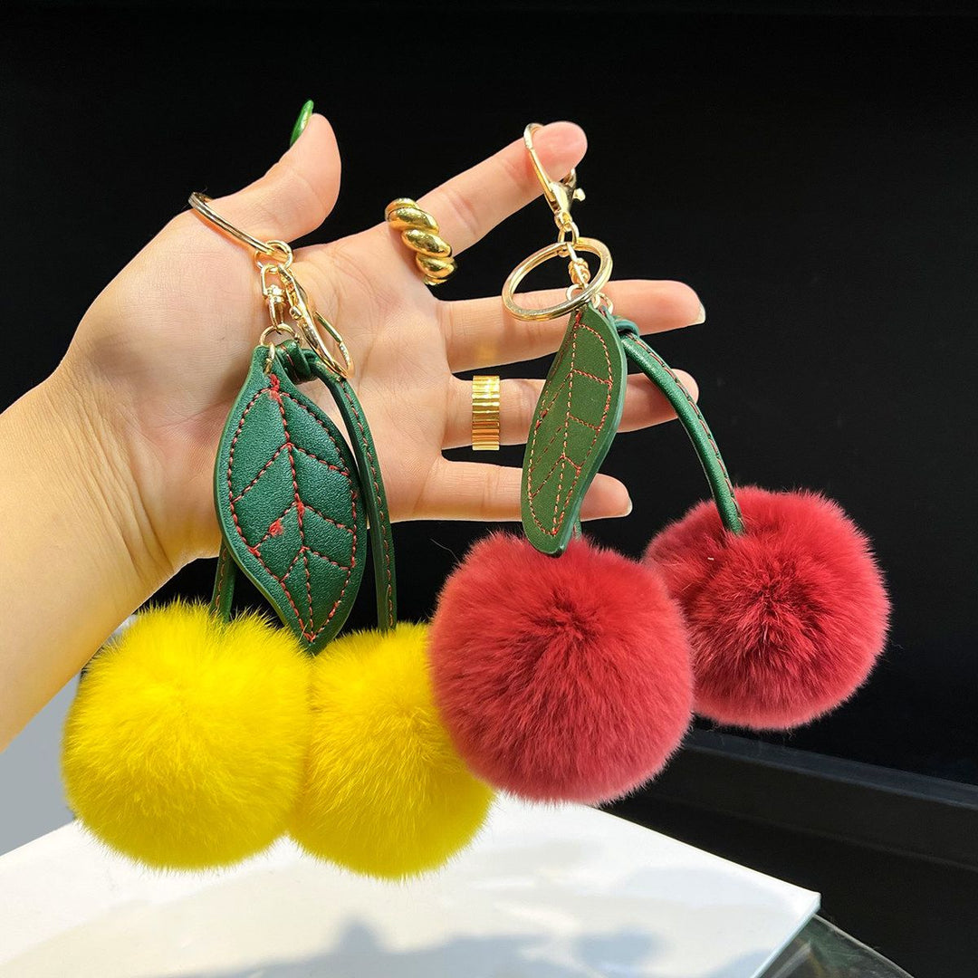 Rabbit Fur Cherry Keychain Cute Pom Pom Plush Bag Car Charm