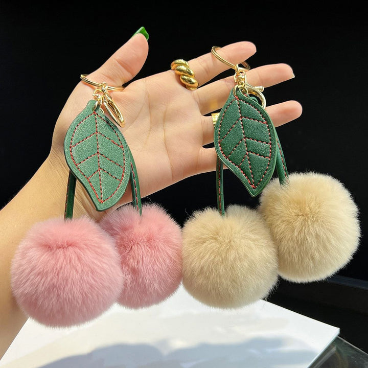 Rabbit Fur Cherry Keychain Cute Pom Pom Plush Bag Car Charm
