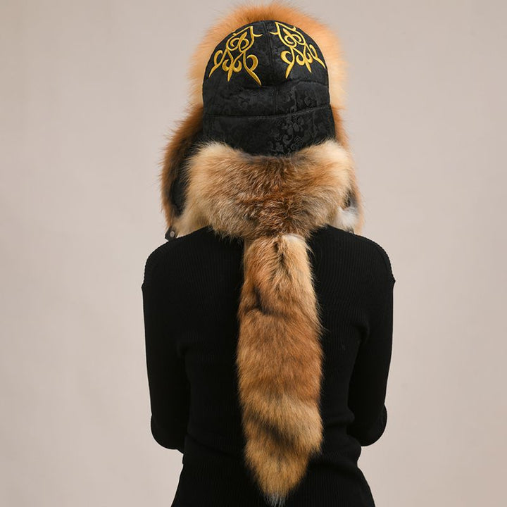 Embroidered Luxury Real Fox Fur Trapper Hat Unisex Ushanka with Detachable Long Tail