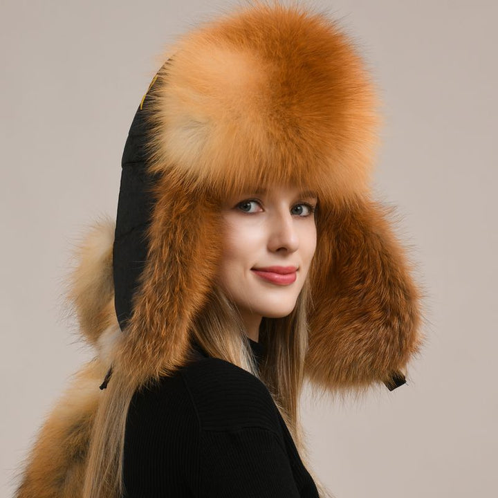 Embroidered Luxury Real Fox Fur Trapper Hat Unisex Ushanka with Detachable Long Tail