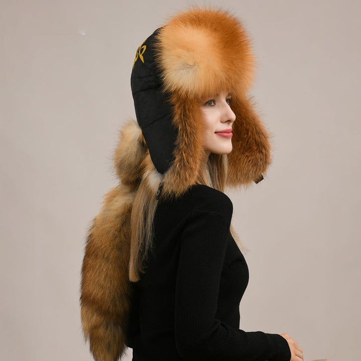 Embroidered Luxury Real Fox Fur Trapper Hat Unisex Ushanka with Detachable Long Tail