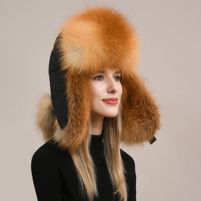 Embroidered Luxury Real Fox Fur Trapper Hat Unisex Ushanka with Detachable Long Tail