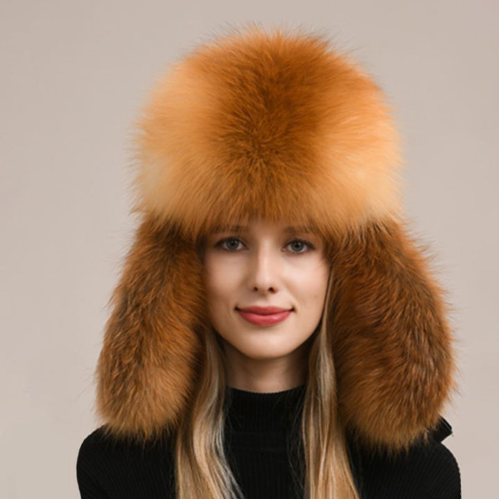 Embroidered Luxury Real Fox Fur Trapper Hat Unisex Ushanka with Detachable Long Tail