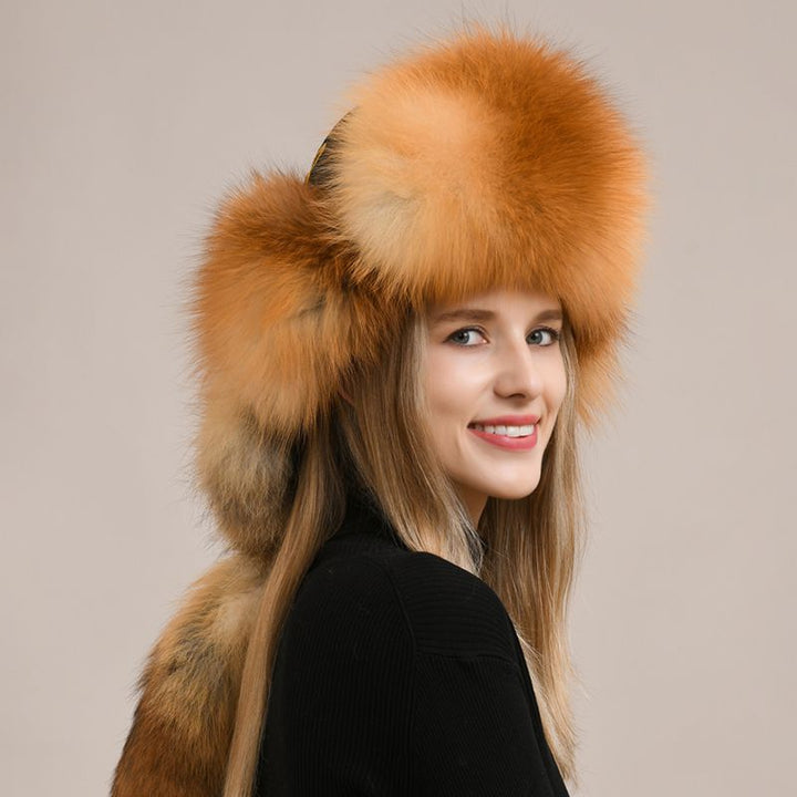 Embroidered Luxury Real Fox Fur Trapper Hat Unisex Ushanka with Detachable Long Tail