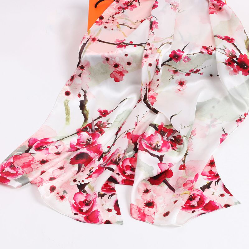 69" x 21" Womens Long Floral Printed Mulberry Silk Scarf Lightweight Luxury Wrap Neck Shawl