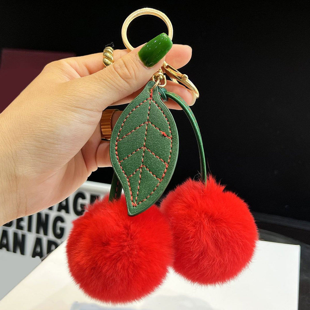 Rabbit Fur Cherry Keychain Cute Pom Pom Plush Bag Car Charm