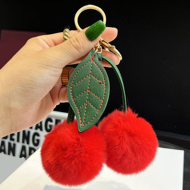 Rabbit Fur Cherry Keychain Cute Pom Pom Plush Bag Car Charm