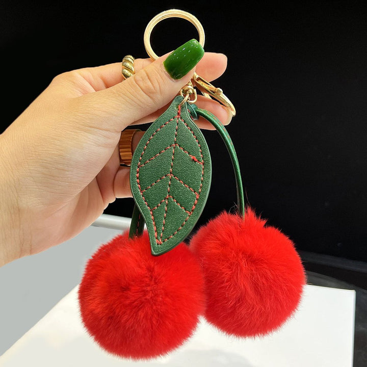 Rabbit Fur Cherry Keychain Cute Pom Pom Plush Bag Car Charm