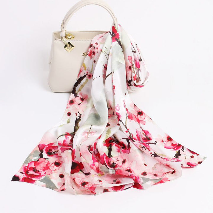 69" x 21" Womens Long Floral Printed Mulberry Silk Scarf Lightweight Luxury Wrap Neck Shawl