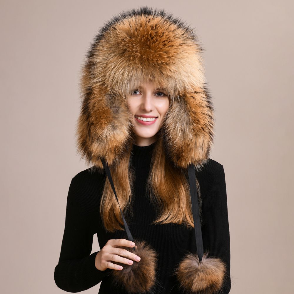 Luxury Genuine Fox Fur Trapper Hat Full Pelt Winter Pom Pom Hat Cold Wether Ushanka for Women