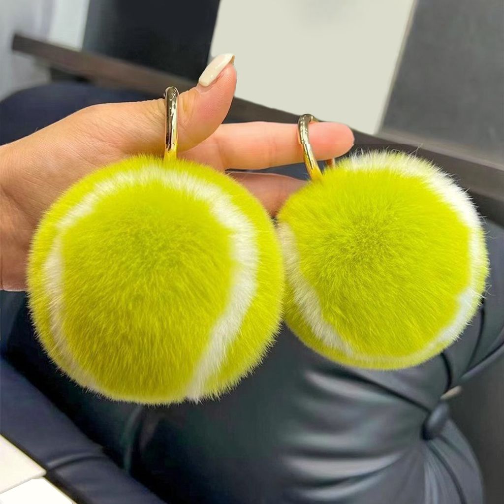 Real Rabbit Fur Tennis Ball Car Keychain Plush Pom-Pom Backpack Bag Charm