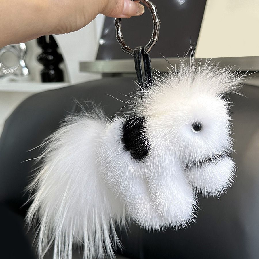 Real Mink Fur Horse Keychain Luxury Pony Bag Charm Fluffy Car Keyring