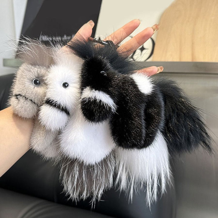 Real Mink Fur Horse Keychain Luxury Pony Bag Charm Fluffy Car Keyring