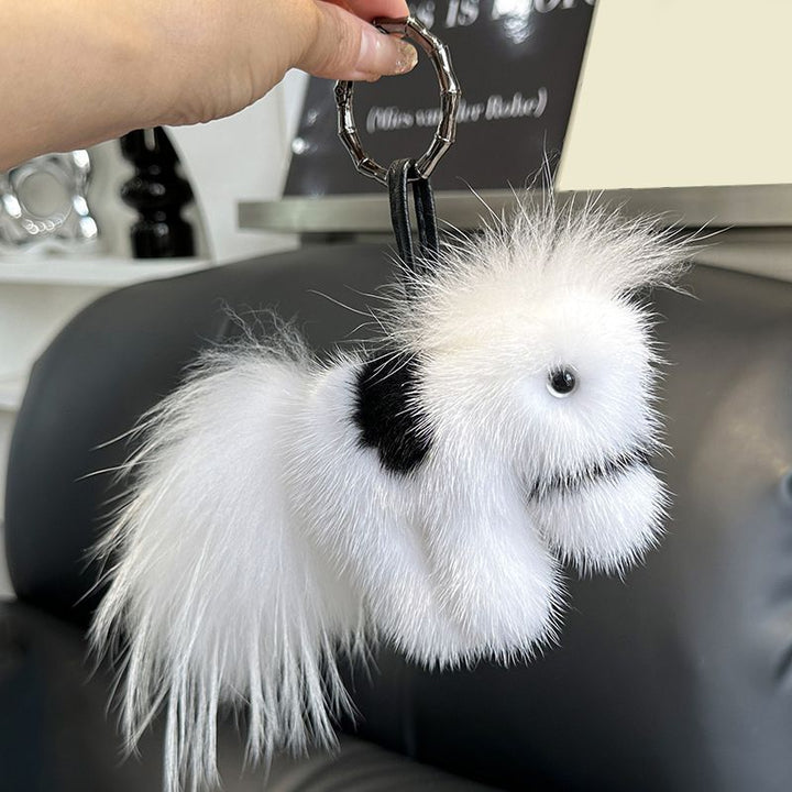 Real Mink Fur Horse Keychain Luxury Pony Bag Charm Fluffy Car Keyring
