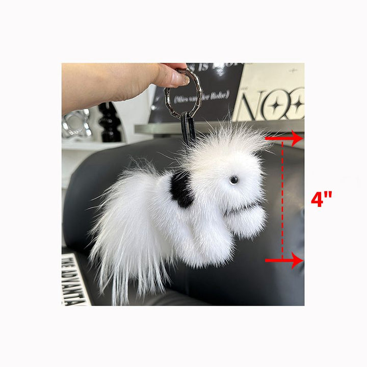 Real Mink Fur Horse Keychain Luxury Pony Bag Charm Fluffy Car Keyring