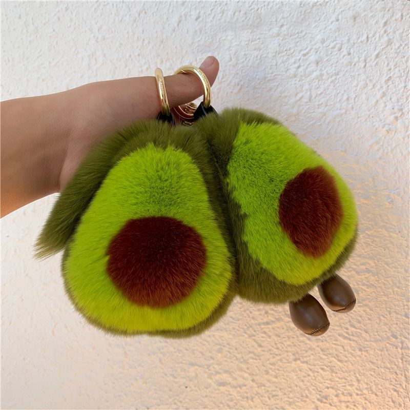 Real Rabbit Fur Avocado Keychain Plush Cute Fruit Bag Charm for Handbag