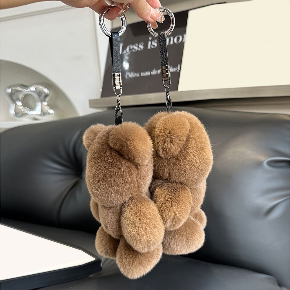 Fluffy Real Rabbit Fur Brown Teddy Bear Keychain Oversize Plush Cute Bag Charm