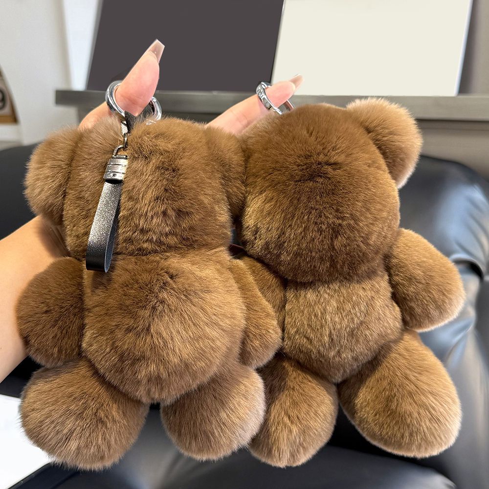 Fluffy Real Rabbit Fur Brown Teddy Bear Keychain Oversize Plush Cute Bag Charm
