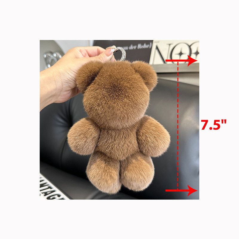 Fluffy Real Rabbit Fur Brown Teddy Bear Keychain Oversize Plush Cute Bag Charm