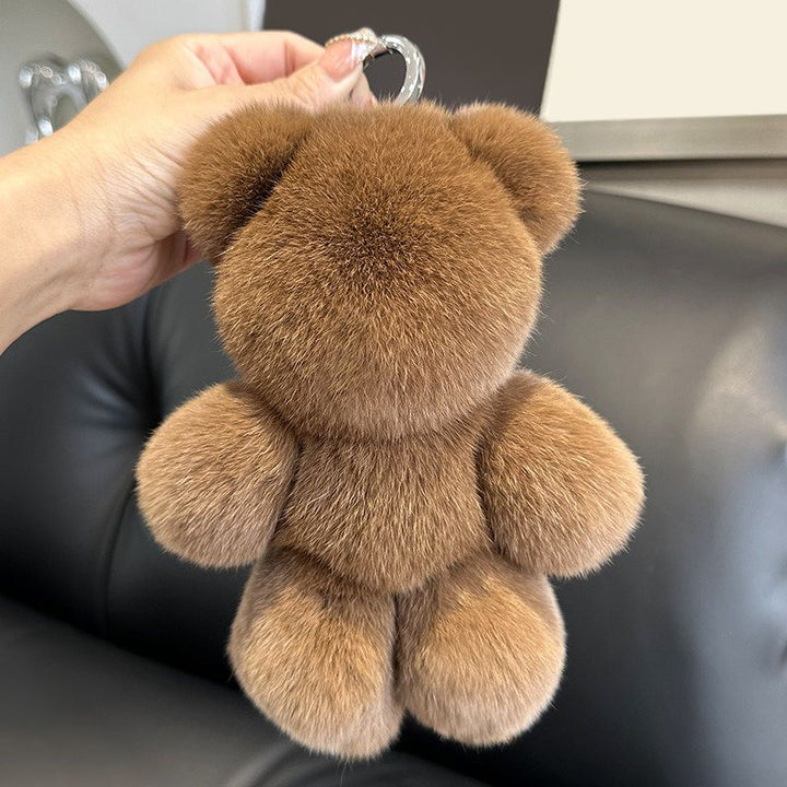 Fluffy Real Rabbit Fur Brown Teddy Bear Keychain Oversize Plush Cute Bag Charm