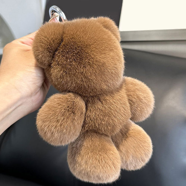 Fluffy Real Rabbit Fur Brown Teddy Bear Keychain Oversize Plush Cute Bag Charm