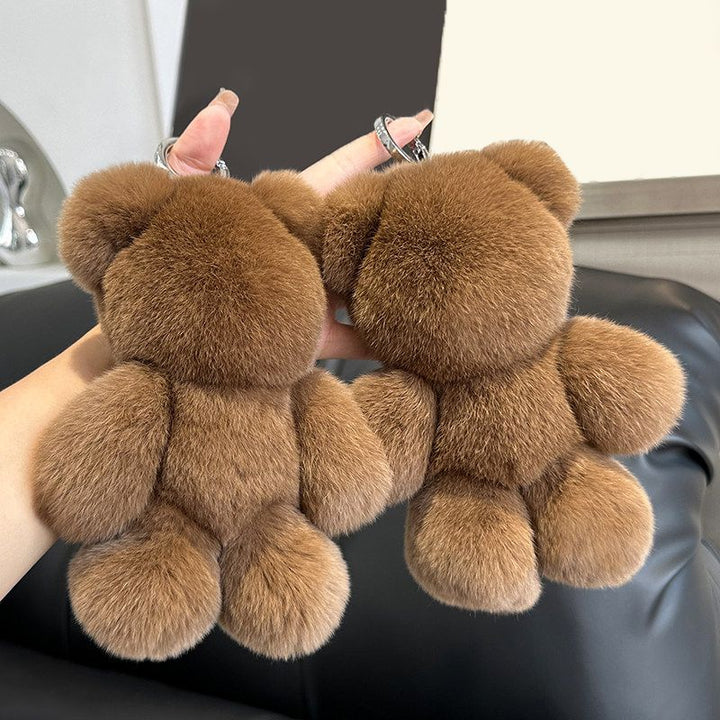 Fluffy Real Rabbit Fur Brown Teddy Bear Keychain Oversize Plush Cute Bag Charm
