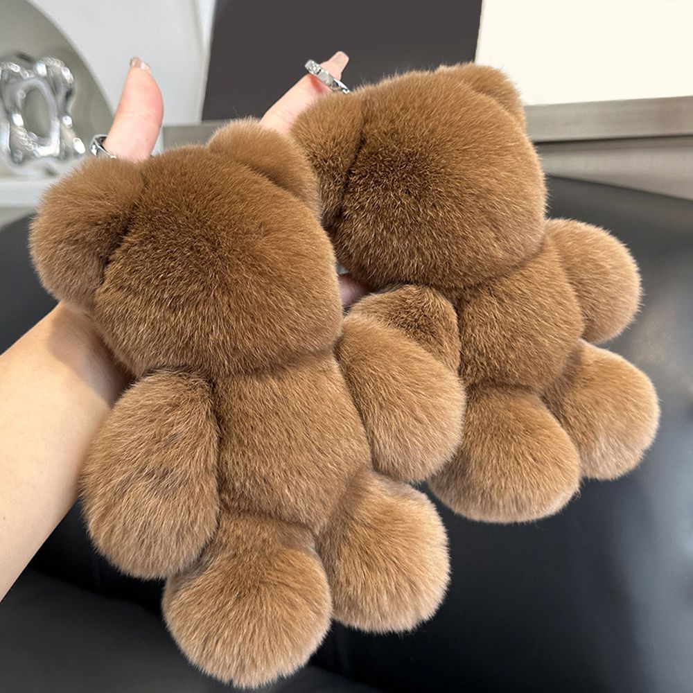 Fluffy Real Rabbit Fur Brown Teddy Bear Keychain Oversize Plush Cute Bag Charm