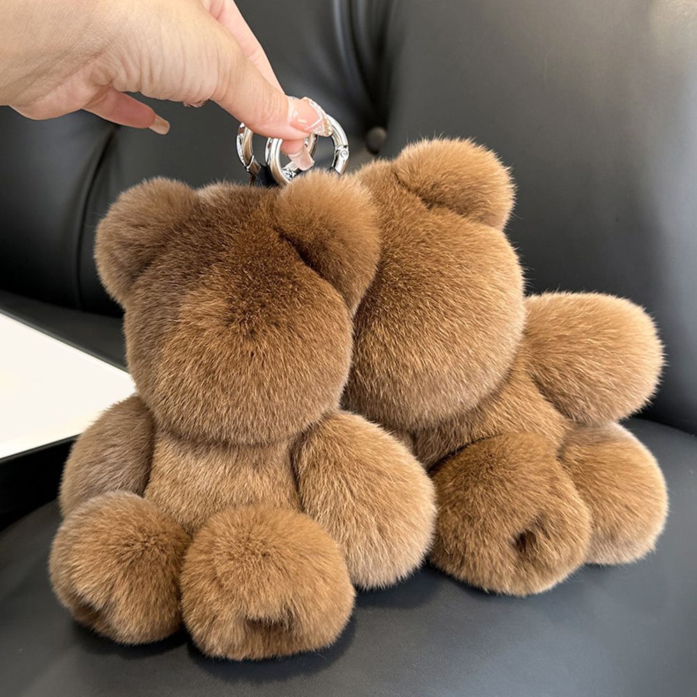 Fluffy Real Rabbit Fur Brown Teddy Bear Keychain Oversize Plush Cute Bag Charm