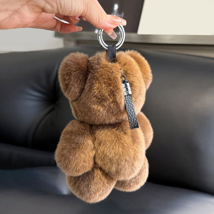 Fluffy Real Rabbit Fur Brown Teddy Bear Keychain Oversize Plush Cute Bag Charm