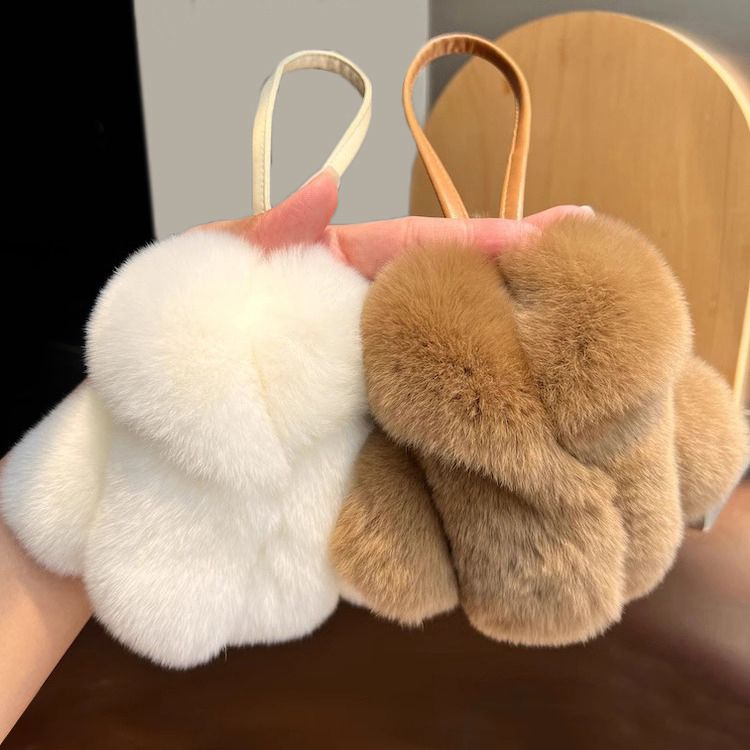 "I'm Rich" Mini Furry Coat Style Real Rabbit Fur Keychain Soft Fluffy Purse Charm