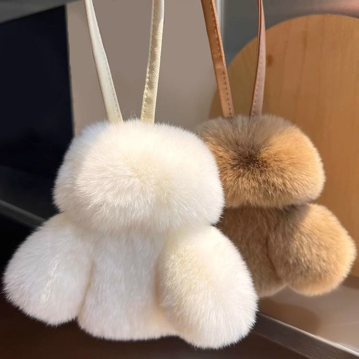"I'm Rich" Mini Furry Coat Style Real Rabbit Fur Keychain Soft Fluffy Purse Charm