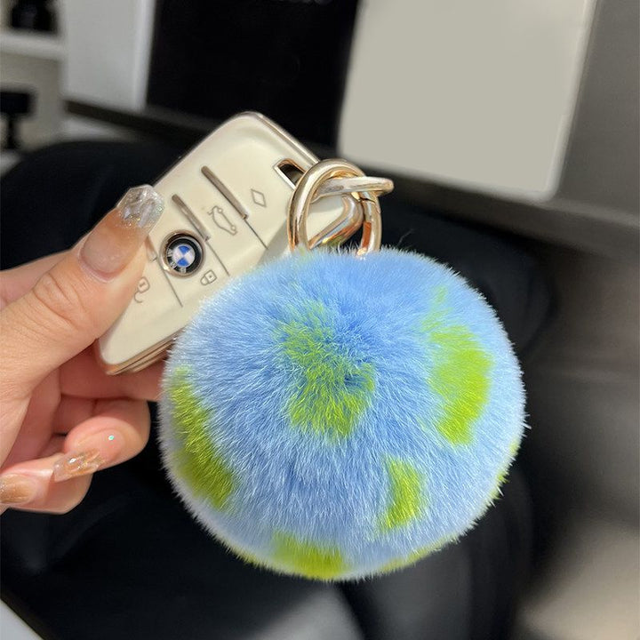 Real Rabbit Fur Earth Keychain Plush Blue Pom Pom Bag Charm