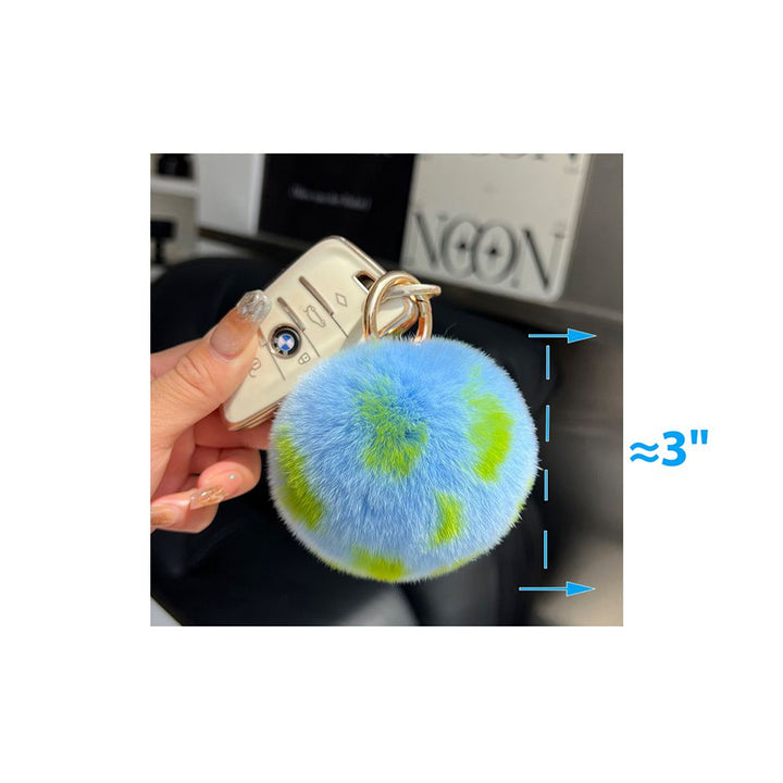 Real Rabbit Fur Earth Keychain Plush Blue Pom Pom Bag Charm