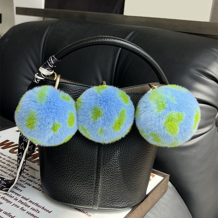Real Rabbit Fur Earth Keychain Plush Blue Pom Pom Bag Charm