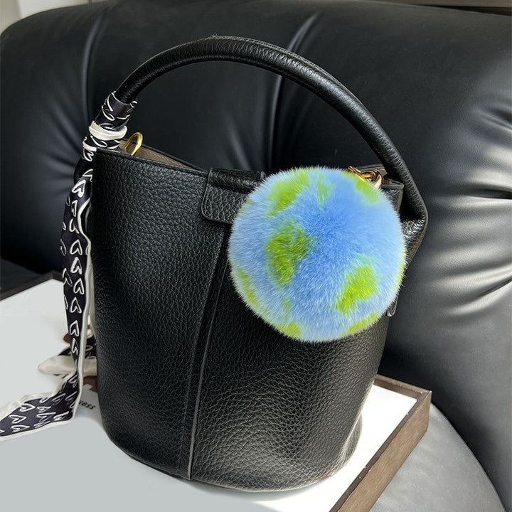 Real Rabbit Fur Earth Keychain Plush Blue Pom Pom Bag Charm
