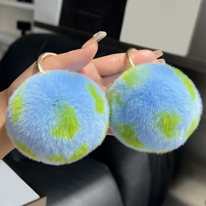 Real Rabbit Fur Earth Keychain Plush Blue Pom Pom Bag Charm