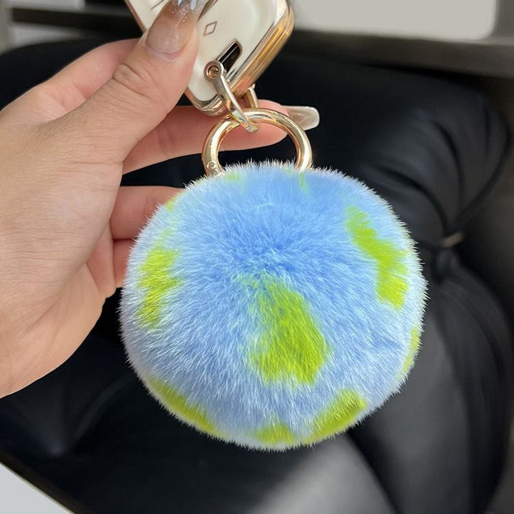 Real Rabbit Fur Earth Keychain Plush Blue Pom Pom Bag Charm