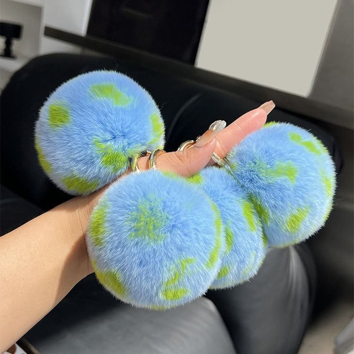 Real Rabbit Fur Earth Keychain Plush Blue Pom Pom Bag Charm