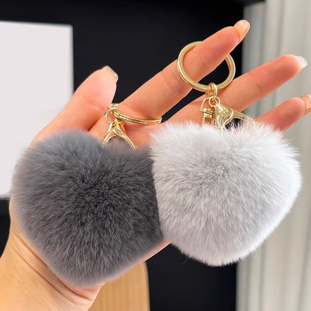 Real Rabbit Fur Heart Keychain Fluffy Plush Fur Pom Pom Bag Charm