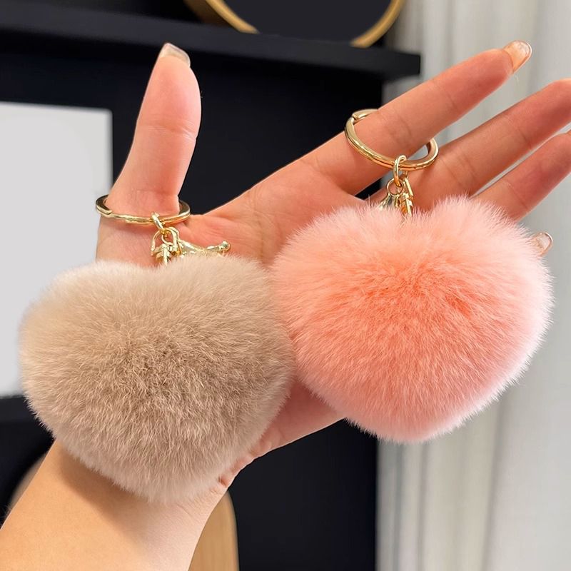 Real Rabbit Fur Heart Keychain Fluffy Plush Fur Pom Pom Bag Charm