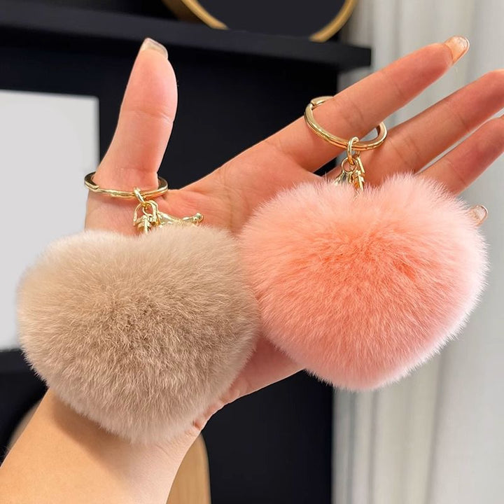 Real Rabbit Fur Heart Keychain Fluffy Plush Fur Pom Pom Bag Charm