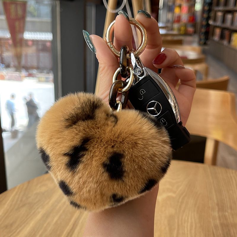 Real Rabbit Fur Leopard Heart Keychain Plush Bag Charm