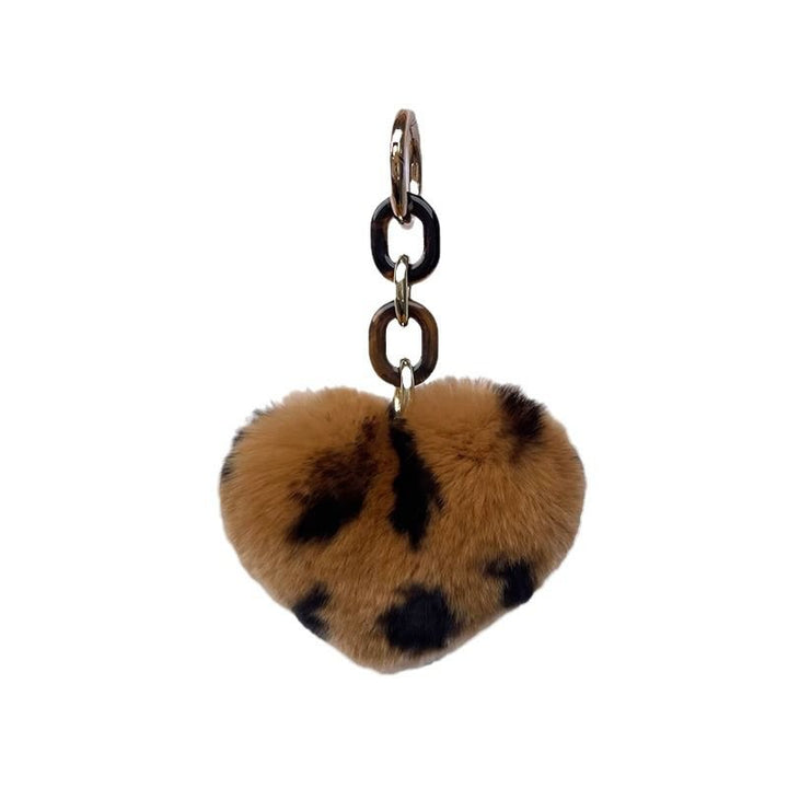 Real Rabbit Fur Leopard Heart Keychain Plush Bag Charm