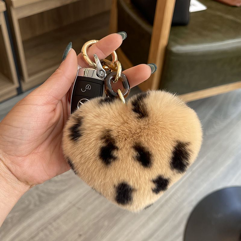 Real Rabbit Fur Leopard Heart Keychain Plush Bag Charm