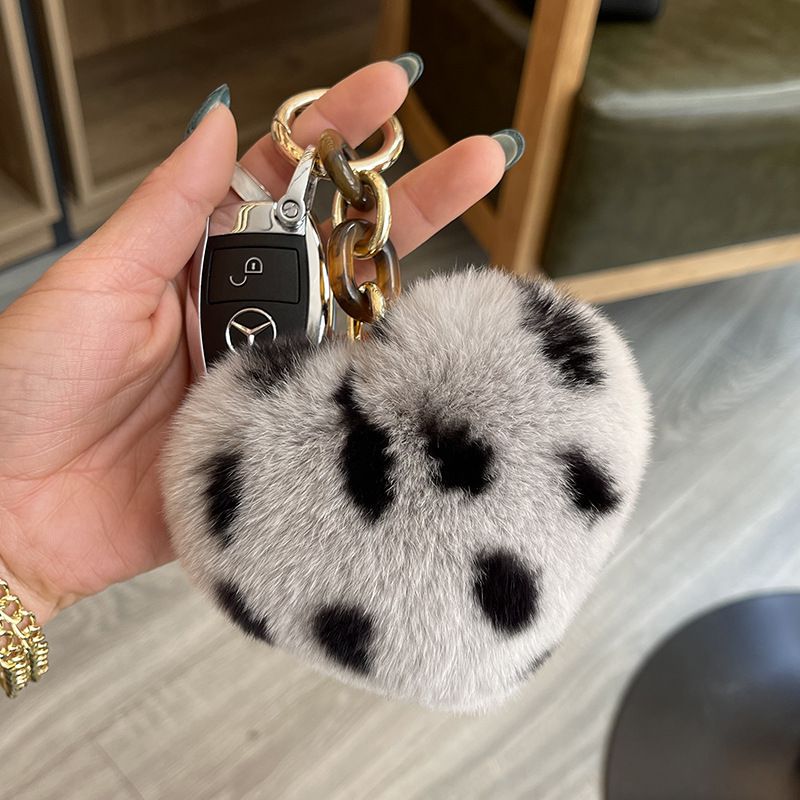 Real Rabbit Fur Leopard Heart Keychain Plush Bag Charm