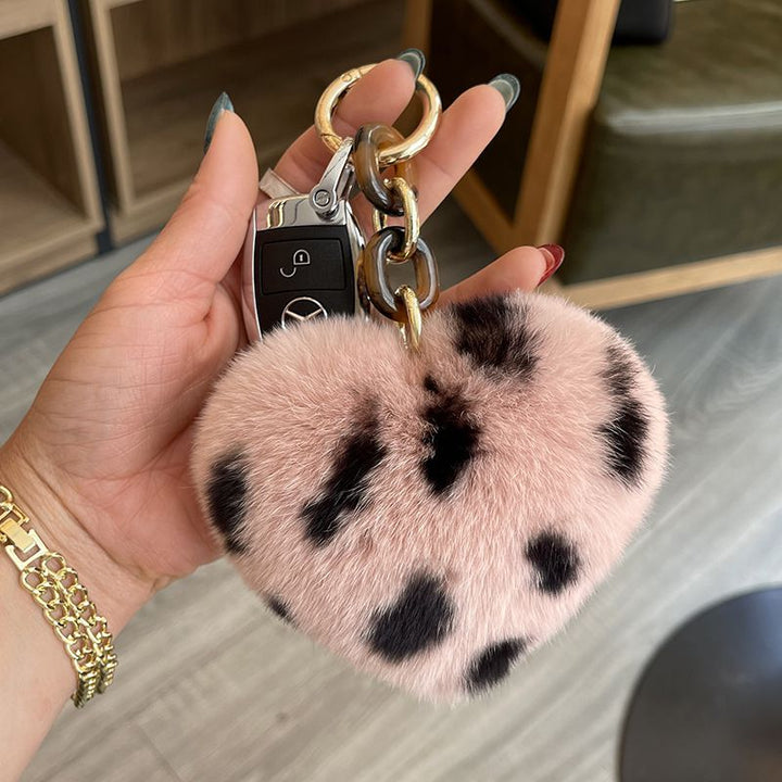 Real Rabbit Fur Leopard Heart Keychain Plush Bag Charm
