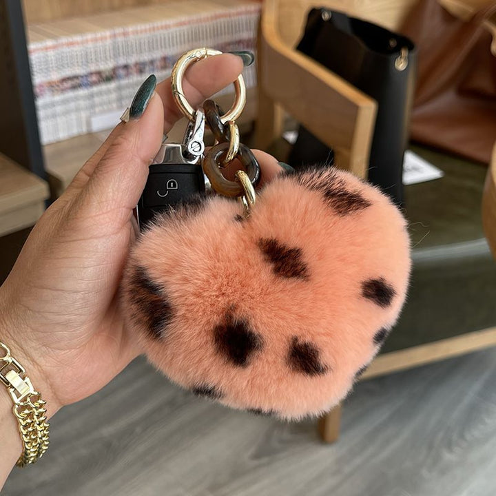 Real Rabbit Fur Leopard Heart Keychain Plush Bag Charm
