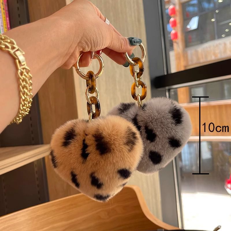 Real Rabbit Fur Leopard Heart Keychain Plush Bag Charm