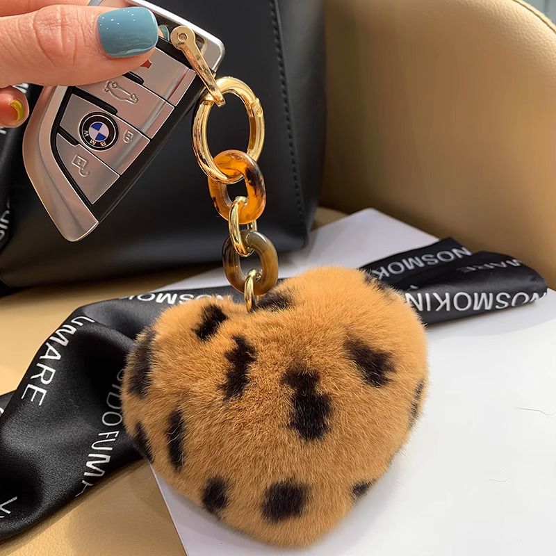 Real Rabbit Fur Leopard Heart Keychain Plush Bag Charm